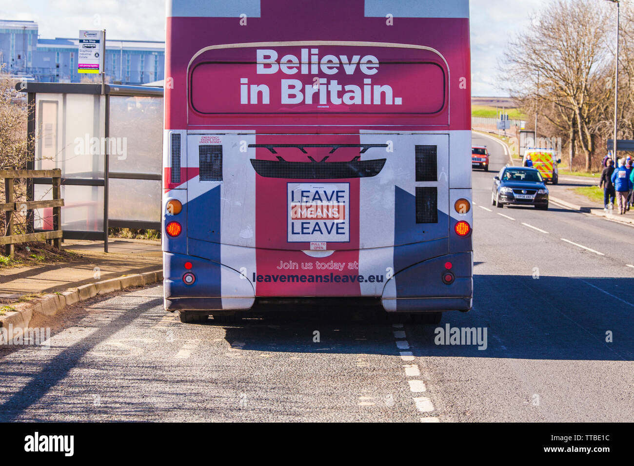 Brexit laisser garé bus à Hartlepool après la suppression de congé fans pour leur marche à travers la ville sur la route de Londres Banque D'Images