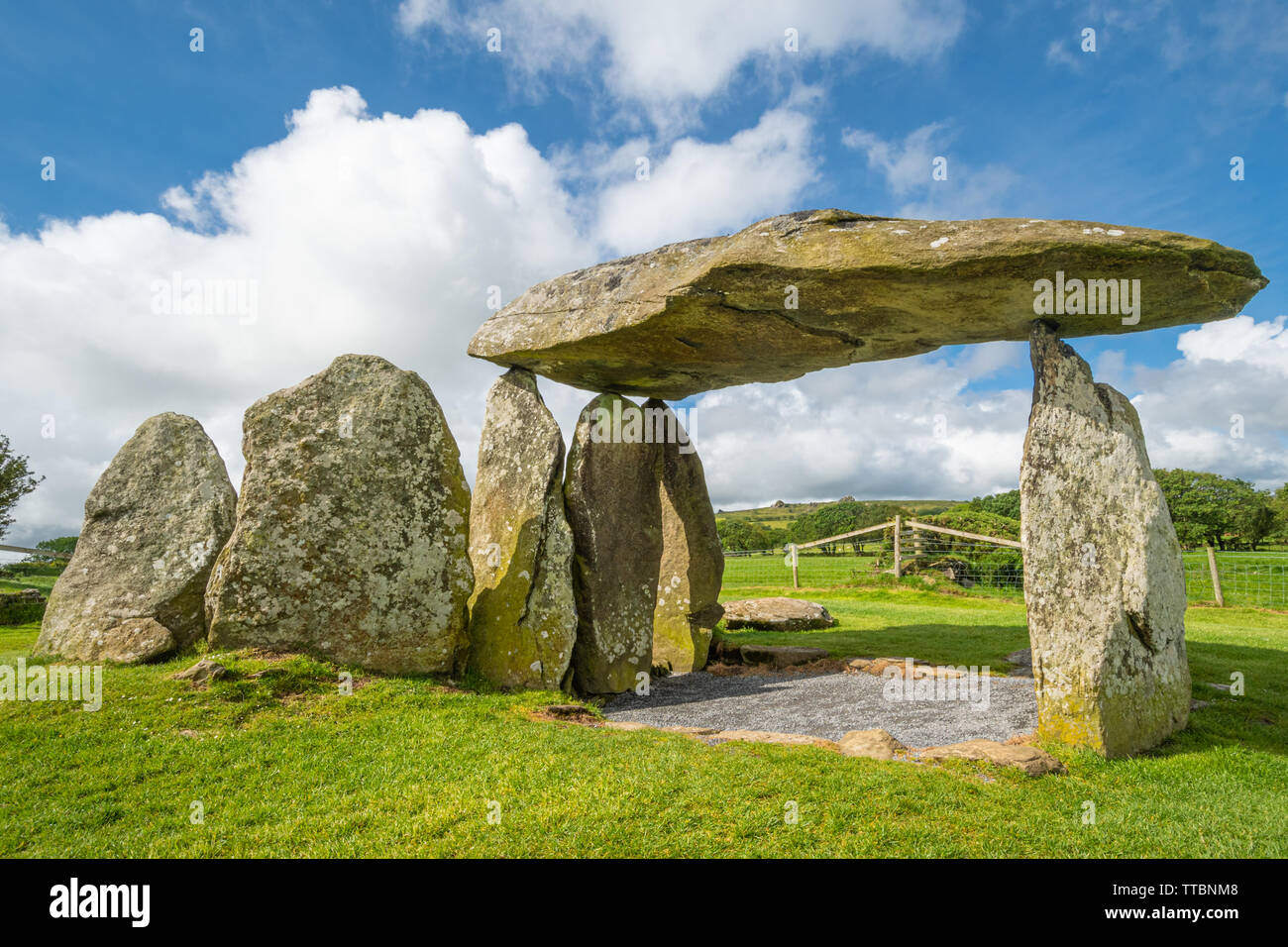 Pentre Ifan chambre funéraire néolithique ou dolmen (une grande pierre plate sur le dessus de plusieurs pierres debout) à Pembrokeshire, Pays de Galles, Royaume-Uni Banque D'Images