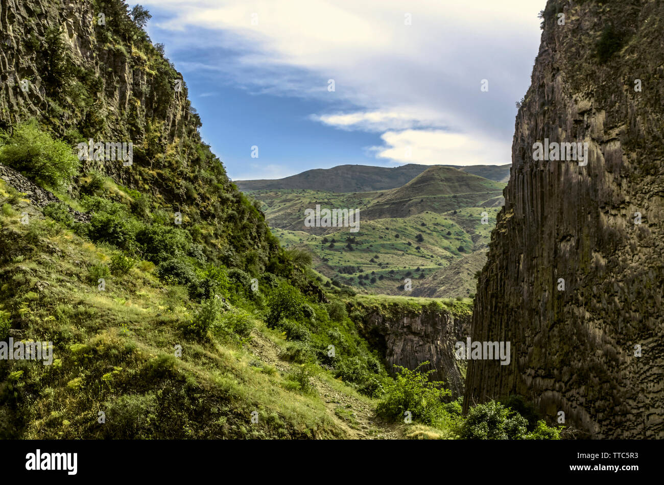 Vue sur les collines à Garni gorge avec arbustes à fleurs et d'herbe verte contre un ciel bleu couvert de nuages Banque D'Images