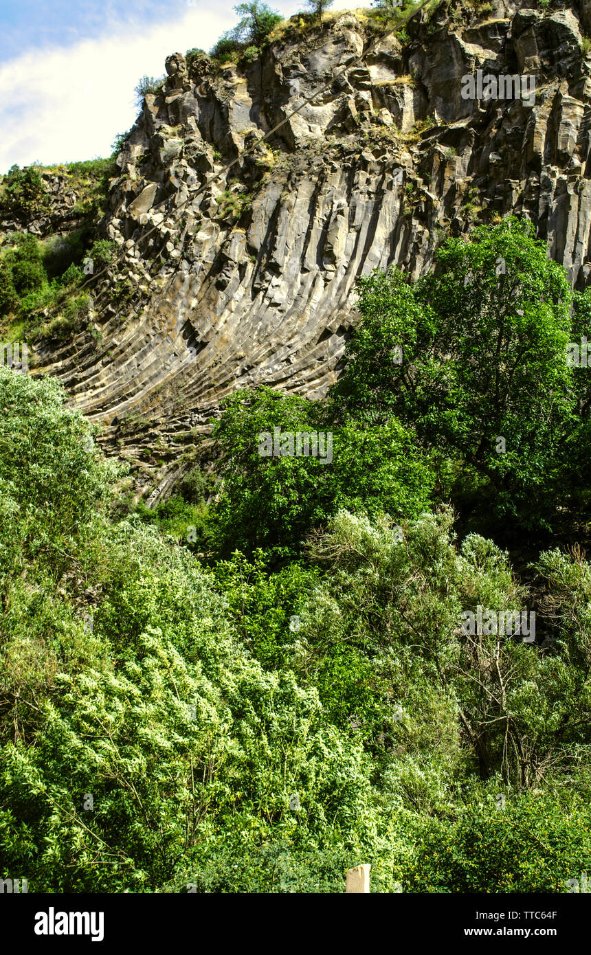 Colonnes de basalte courbé sur une colline dans la gorge Garni parmi vert des arbres qui poussent sur le bord de la rivière Azat contre un ciel bleu couvert de nuages Banque D'Images