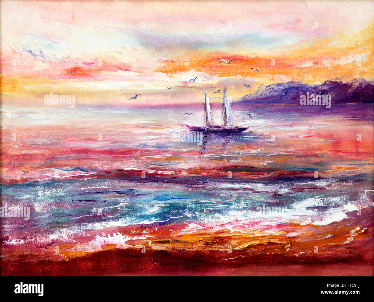 Résumé d'origine peinture à l'huile de bateau de pêche et mer sur toile.riche or et violet coucher de soleil sur l'océan.impressionnisme moderne Banque D'Images