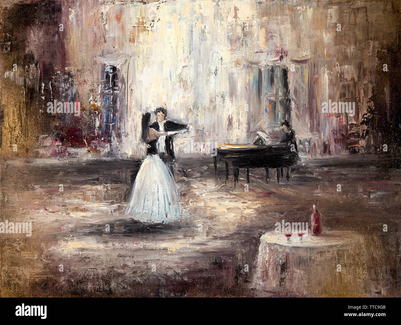 La peinture abstraite de couple dancing tango valse ou sur la musique du piano sur toile.impressionnisme moderne, modernisme, marinism Banque D'Images