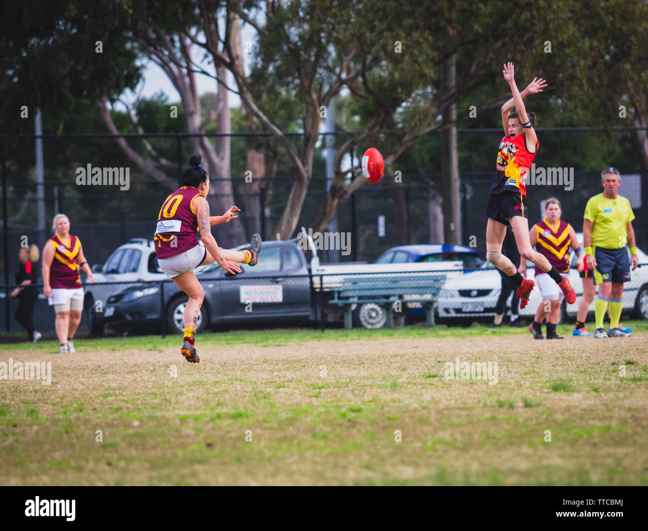 Hallam, VIC, Australie. 15 juin 2019. Hallam Hawks n° 5 sauts pour défendre un coup-prises par les pumas n° 10 à l'inaugural Paul Thomas Cup. Banque D'Images