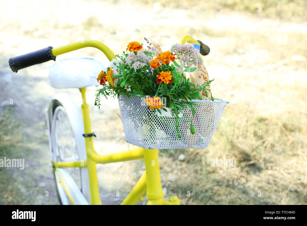 Beau Vélo Jaune avec bouquet de fleurs, bouteille de lait et du pain dans le panier, à l'extérieur Banque D'Images
