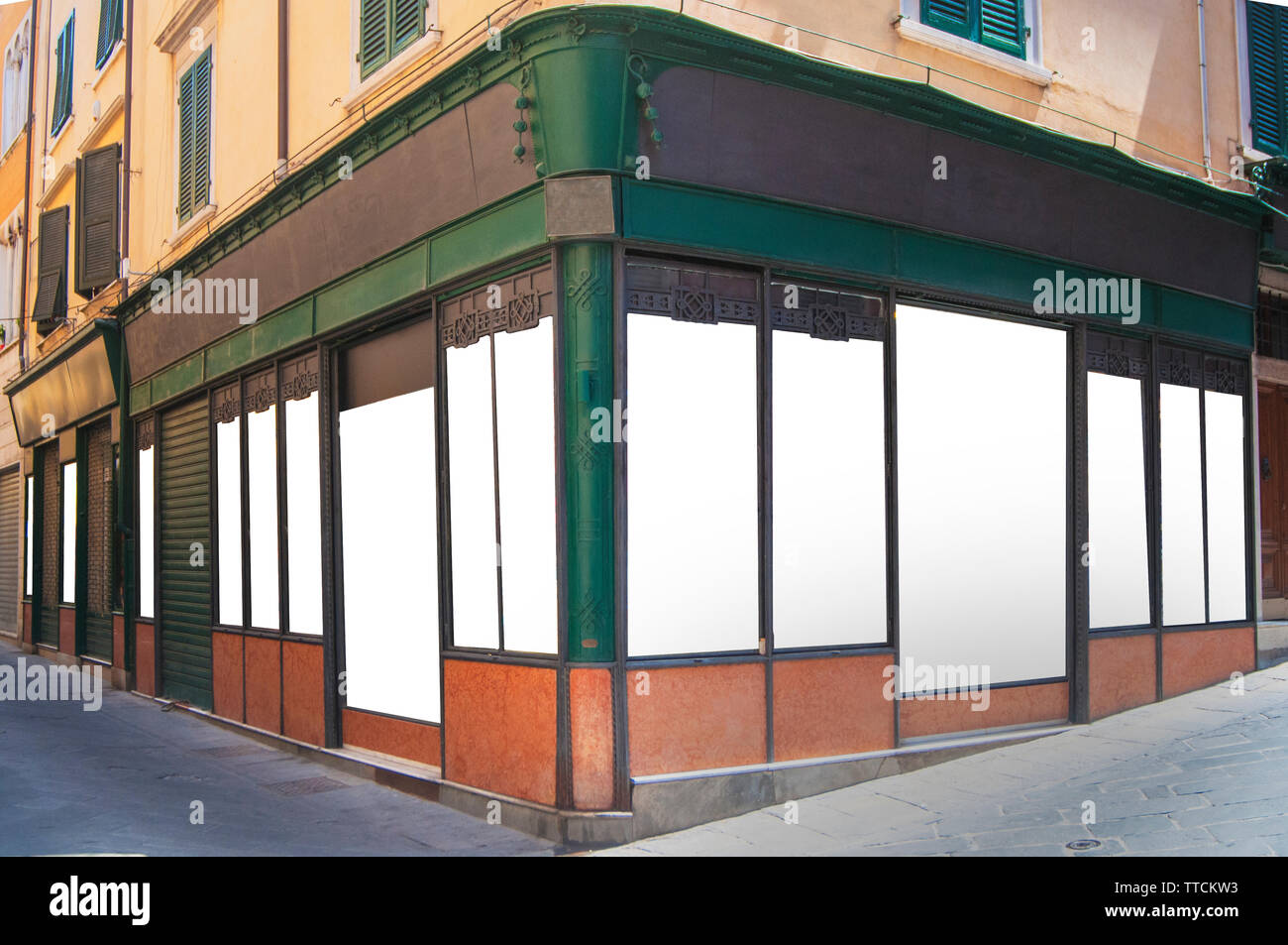 Boutique de style ancien en fer blanc personnalisable vert avec windows Banque D'Images