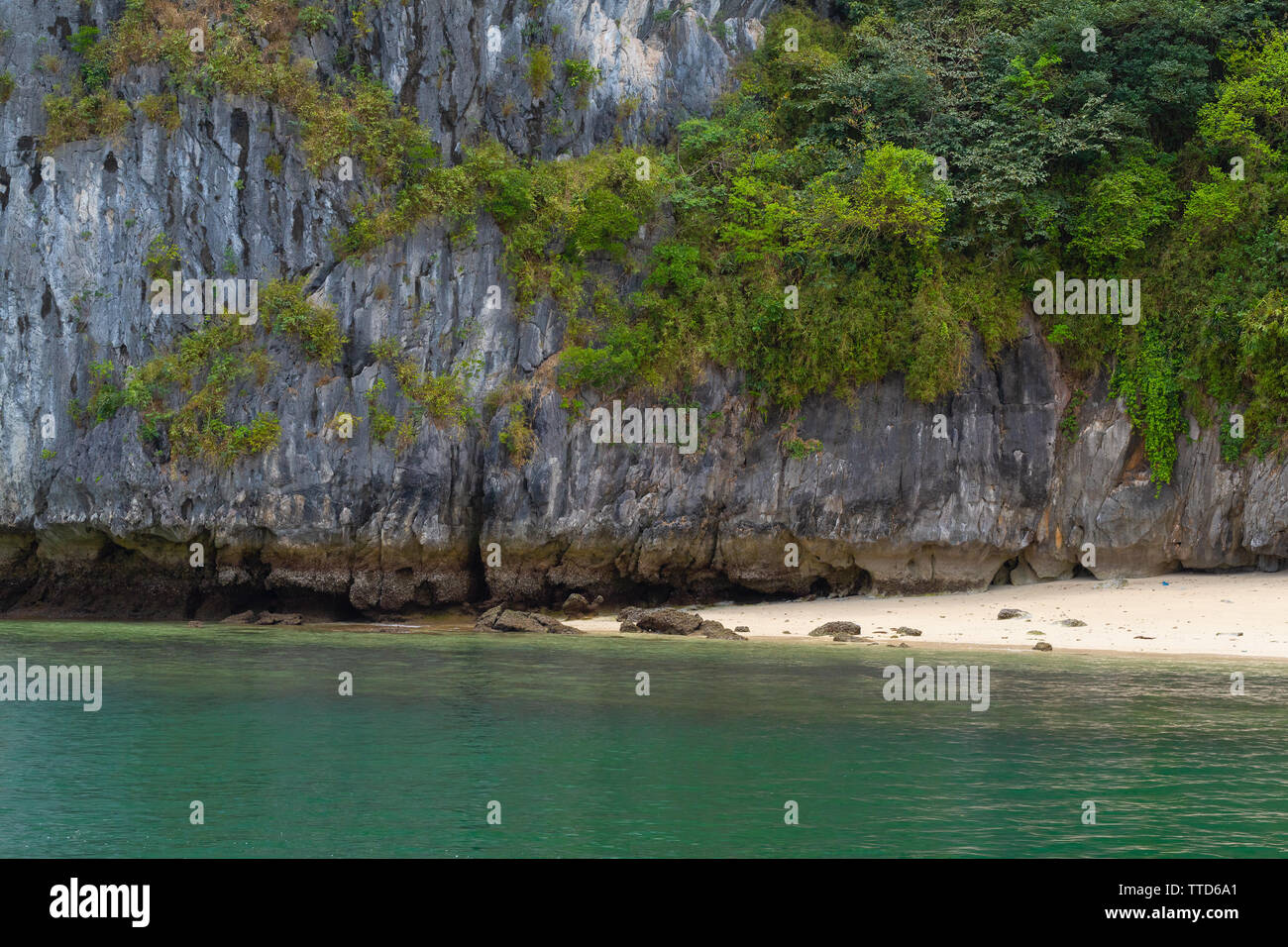 Une plage de sable blanc, une île calcaire dans Ha Long Bay près de l'Ile de Cat Ba, Province de Hai Phong, Vietnam, Asie Banque D'Images