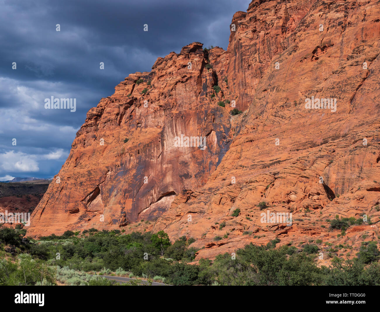 Falaise dans la lumière du midi, Johnson Canyon Trail, Snow Canyon State Park, Saint George, Utah. Banque D'Images