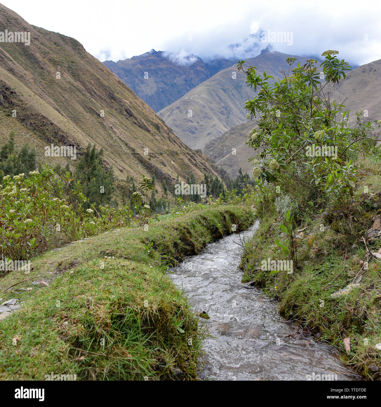 Canaux d'irrigation antiques transportant de l'eau glaciaire des terres agricoles dans la vallée de l'Urubamba. Cusco, Pérou Banque D'Images