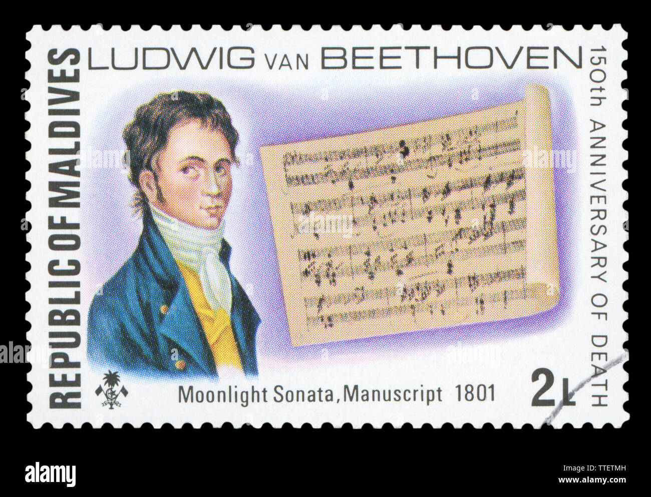 MALDIVES - circa 1977 : timbre imprimé en Maldives montre Ludwig van Beethoven, Sonate Moonlinght, manuscrit 1701, vers 1977. Banque D'Images