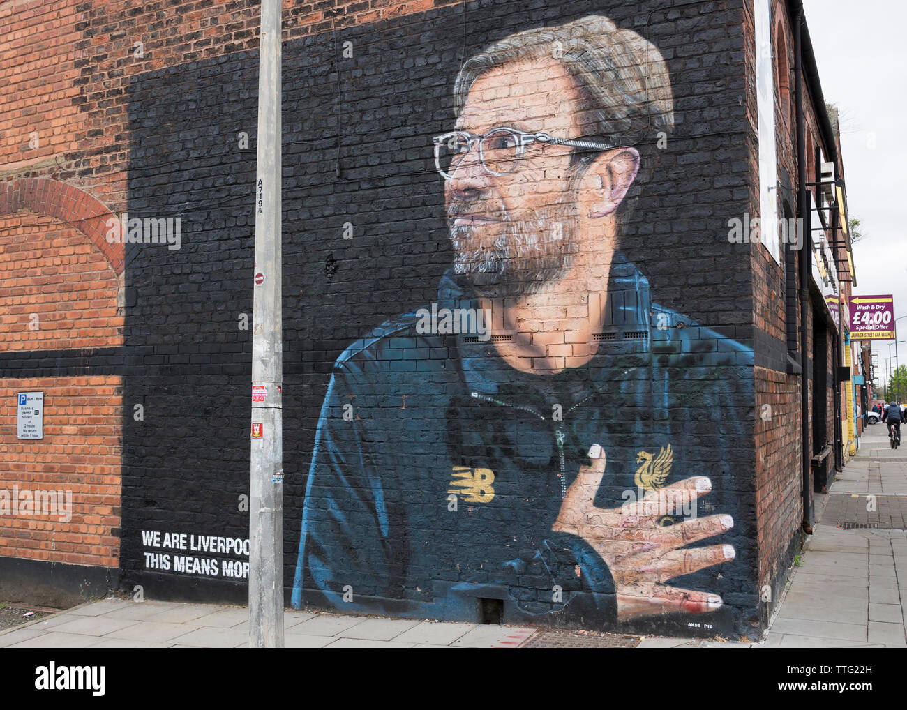 Jurgen Klopp street art, Street, Baltic Triangle, Liverpool, Merseyside, England, UK Banque D'Images