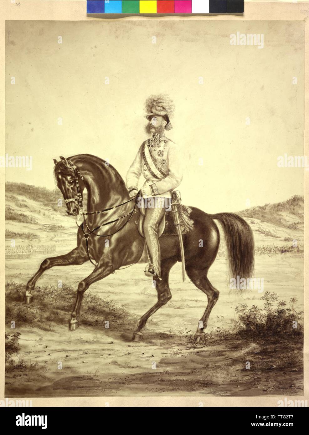 François-Joseph, Empereur d'Autriche, de l'image équestre, orienter dans la posture du cheval et du cavalier de façon évidente dans l'image équestre de Titien par Charles C. (1548), basé sur l'art photographique miniature Ivoire par Carl von Additional-Rights Clearance-Info Kobierski,--Not-Available Banque D'Images