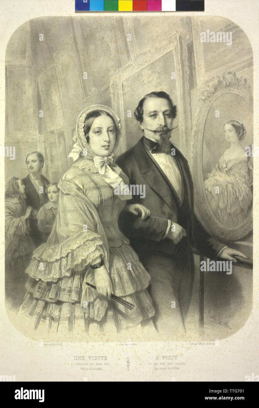 Exposition mondiale à Paris, 1855, la reine Victoria d'Angleterre et l'empereur Napoléon III de France, venez découvrir le 20.8.1855 l'exposition d'art au Palais des Beaux-Arts de gauche. Son mari Albert, prince de Saxe-Cobourg-Gotha à la fois aux enfants la princesse Victoria et Albert Edward, prince de Galles (succédant à Edouard VII, roi d'Angleterre), sur la droite à la paroi d'une photo von Eugénie, impératrice de France (peinture par Franz Xavier Winterhalter), lithographie par Emile Lassalle basé sur une peinture de Dominique Hippolyte Holfeld, Additional-Rights Clearance-Info-Not-Available- Banque D'Images