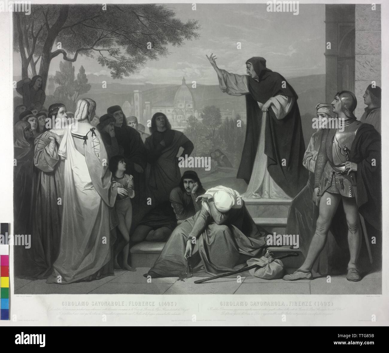 Homélie Savonarole à Florence, 1493, Girolamo Savonarola homélie devant un groupe d'florentiners les femmes et les hommes contre la coutume des déchets à la cour le Pape Alexandre VI et du clergé et de bon augure la fureur de Dieu. florentiners aquatinte cathédrale par Pierre Cottin basé sur une peinture par Edouard Hamman, Additional-Rights Clearance-Info-Not-Available- Banque D'Images