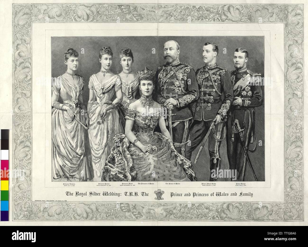 Famille royale britannique 1888, le futur roi d'Angleterre, Edouard VII, avec sa famille. gravure sur bois (basé sur un dessin ?) par Percy Macquoid, dans l'ocassion de la noces d'argent. film à 'l'Illustration', 10.3.1888, Additional-Rights Clearance-Info-Not-Available- Banque D'Images