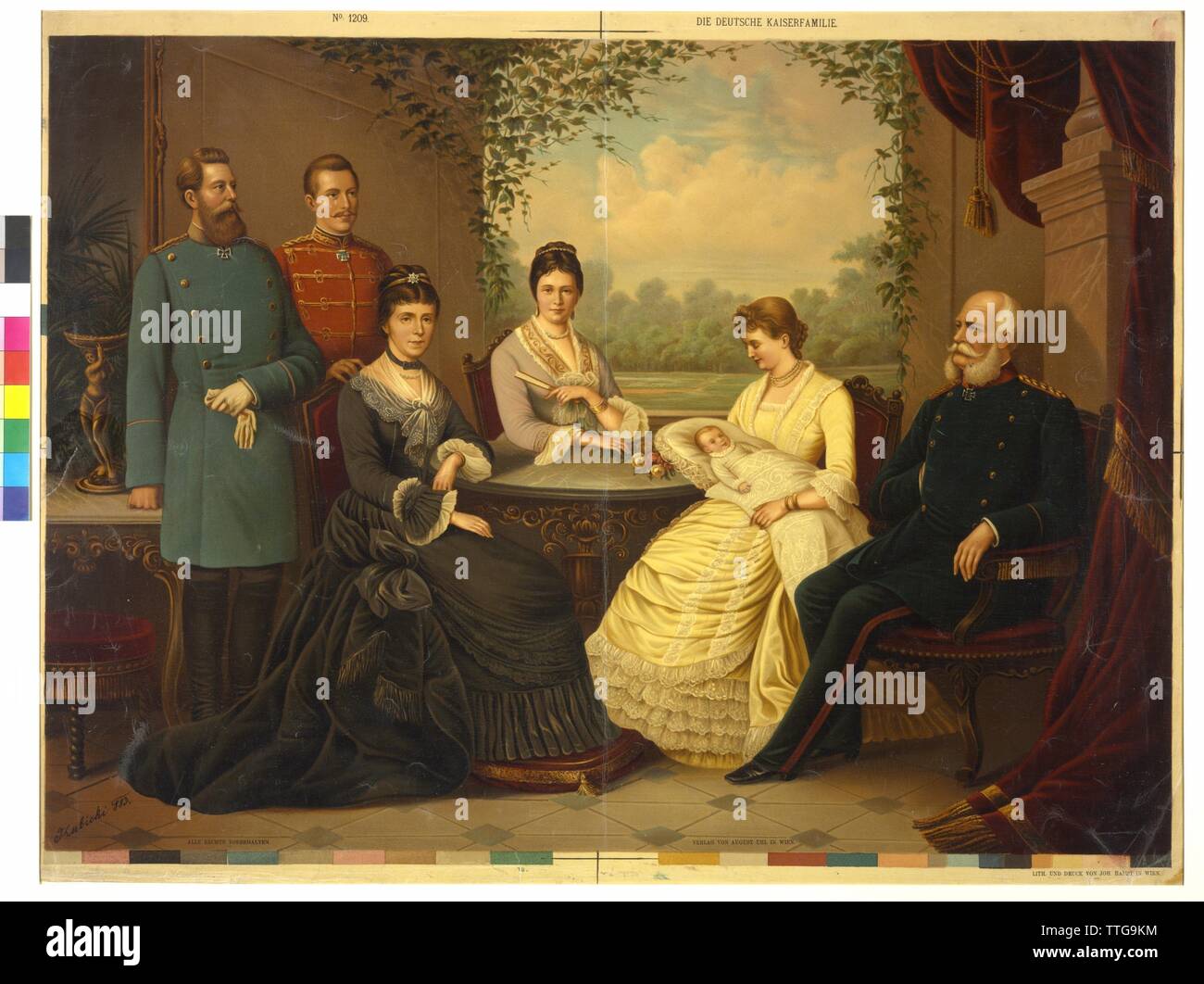 La famille impériale, l'empereur allemand Guillaume I avec la famille : Femme, fils, petit-fils, leurs épouses, et un arrière-petit-enfant Frederick Wilhelm (né en 1882), l'huile imprimer basé sur une peinture par Additional-Rights Clearance-Info-Kubicki,-Not-Available Banque D'Images