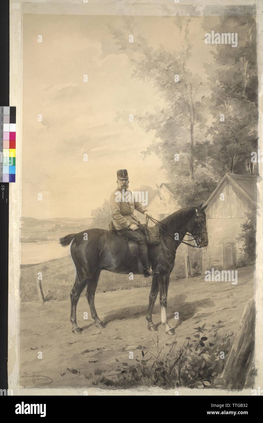 L'empereur François-Joseph, à cheval sur l'empereur François-Joseph, en allemand d'un uniforme de maréchal, avec vue paysage, aquarelle en gris, avec des retouches en opaque, blanc, marron, teinté par Joseph (Jozef) Kossak, signée et datée 'Kossak J. / cs es kir udvari fenyk / Budapest 1901' (J. Kossak / photographe de la cour impériale et royale. / Budapest 1901) basé sur la photographie d'art, pré-presse pour Additional-Rights Clearance-Info-reproduction,-Not-Available Banque D'Images