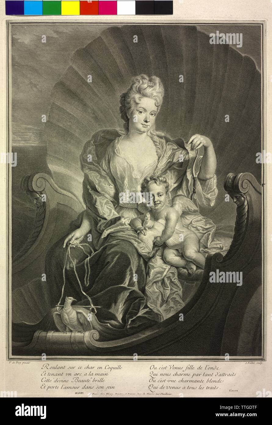Loison, Catherine de, photo que Vénus (pleine longueur, dans un véhicule de shell, la moitié droite, assis à côté d'elle d'un putto), gravure sur cuivre par Simon de la Valle d'après un tableau de François de Troy. derrière le français vers sur la déesse Vénus,-Additional-Rights Clearance-Info-Not-Available Banque D'Images