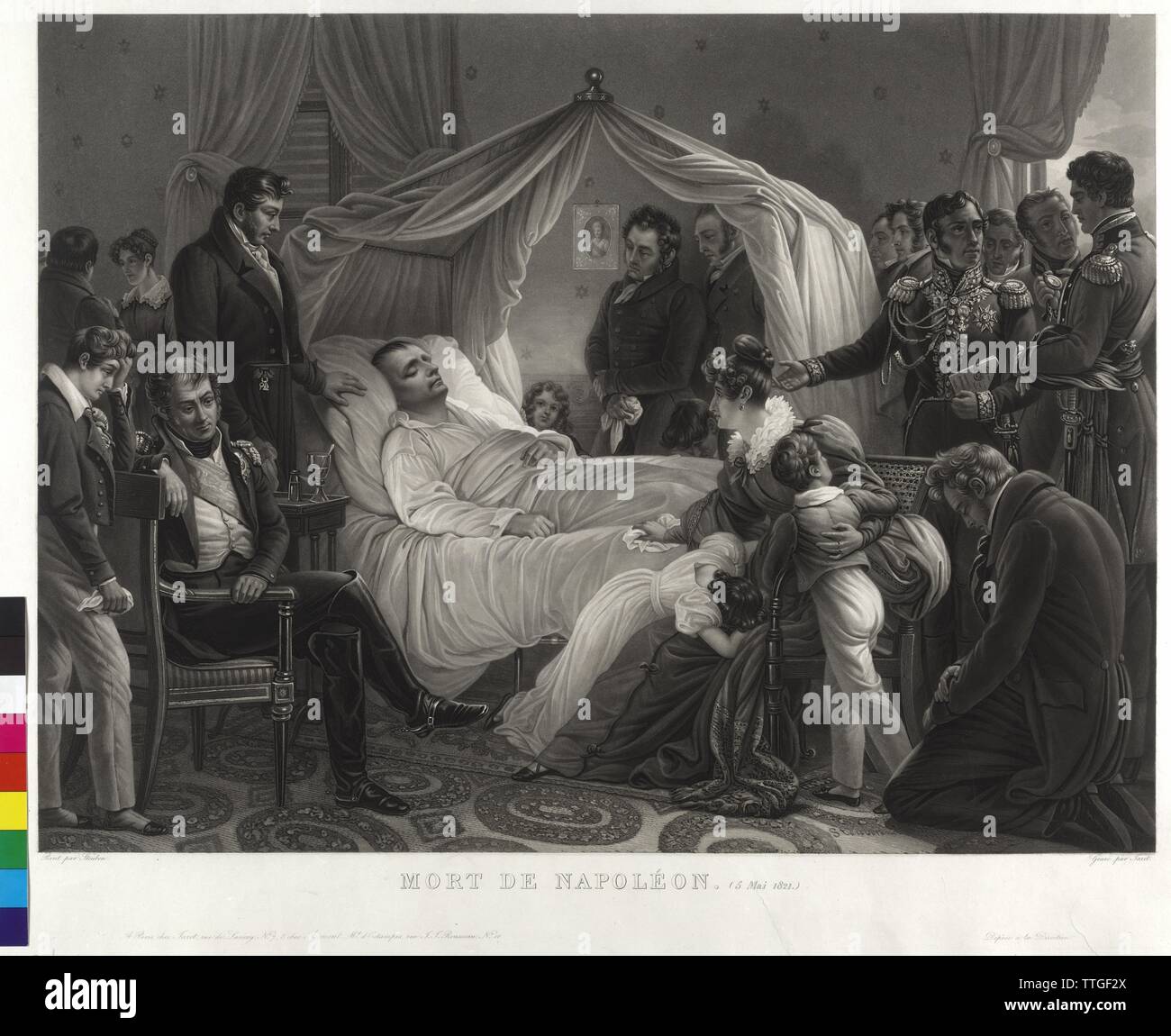 Napoléon Ier sur le lit de mort, entouré d'amis, aquatinte par Jean Pierre Marie Jazet basé sur une peinture par Karl von Steuben, Additional-Rights Clearance-Info-Not-Available- Banque D'Images