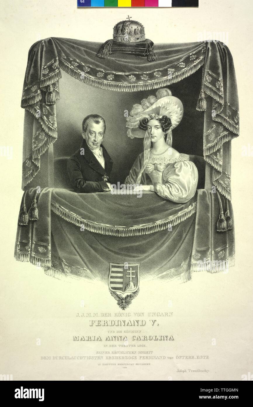 J. J. M. M. le Roi de Hongrie Ferdinand V. et la reine Mary Anna Carolina dans le théâtre, théâtre fort, lithographie. des armoiries. Additional-Rights Clearance-Info-Chine,-Not-Available Banque D'Images