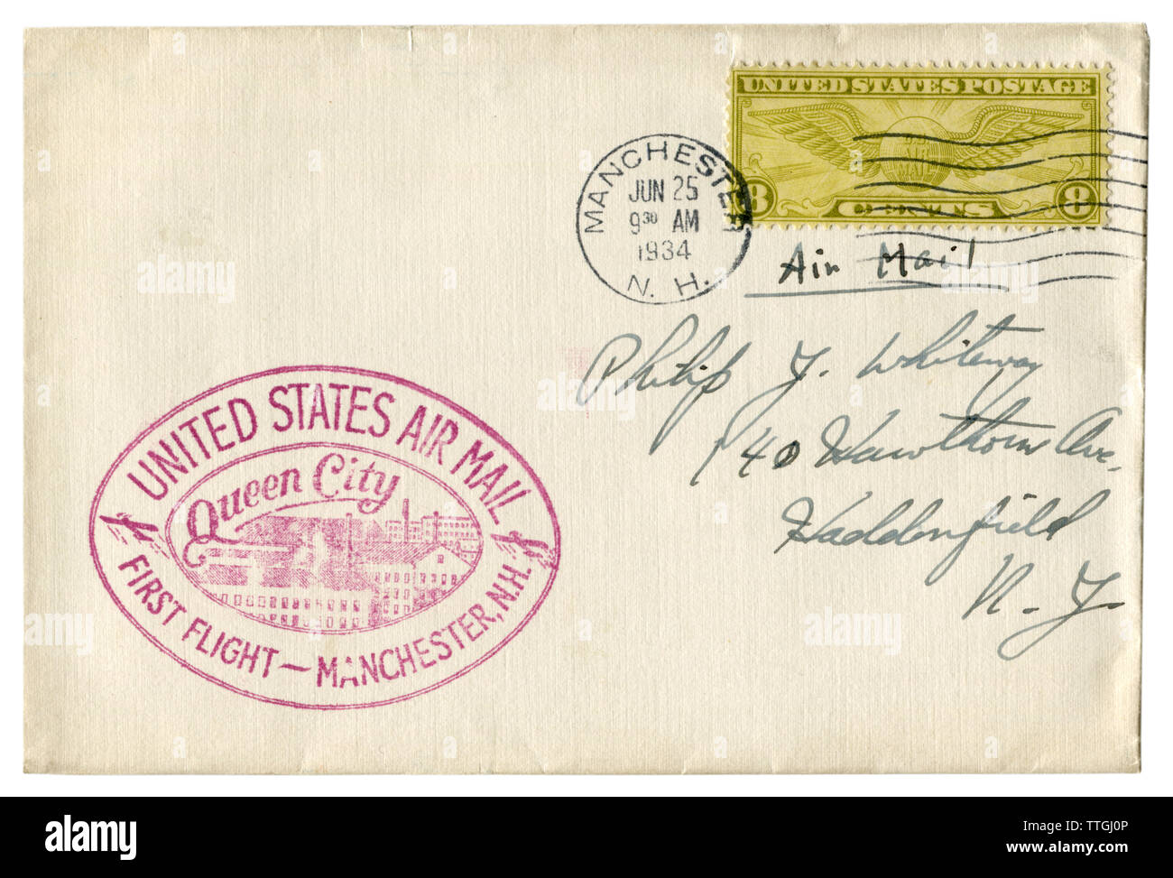 Manchester, New Hampshire, USA - Le 25 juin 1934 : enveloppe historique : couvrir avec cachet premier vol à Queen City, Air mail, huit cents stamp Banque D'Images