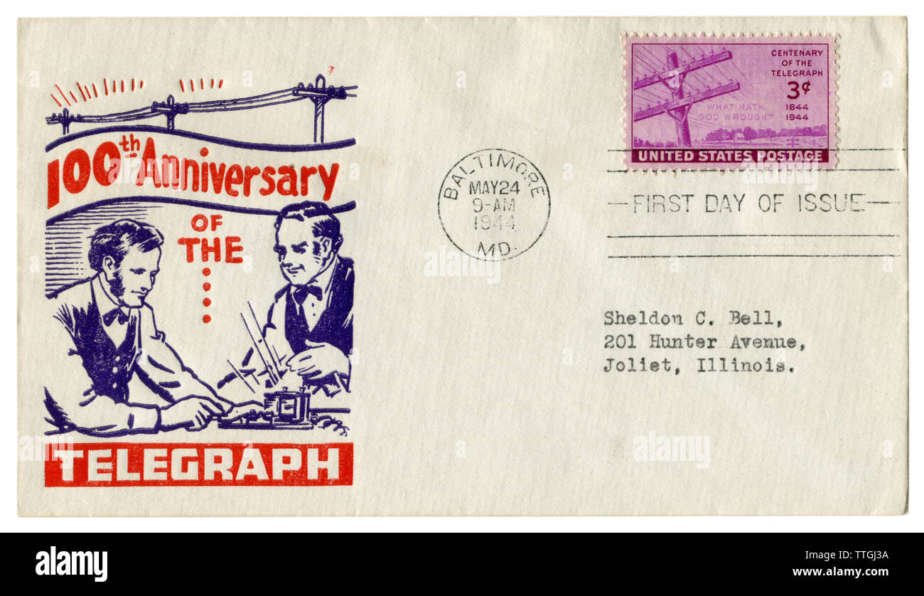 Baltimore, Maryland, USA - Le 24 mai 1944 : enveloppe historique : couvrir avec cachet 100e anniversaire de la télégraphie, 1844-1944, poteau d'électricité Banque D'Images