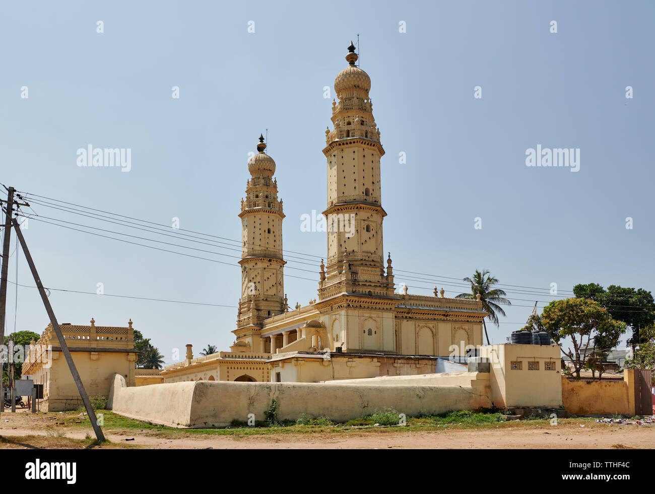 Minaret jaune et mur de la Mosquée Jamia Masjid, également utilisé comme logement pigeon, Srirangapatna, Mysore, Karnataka, Inde Banque D'Images