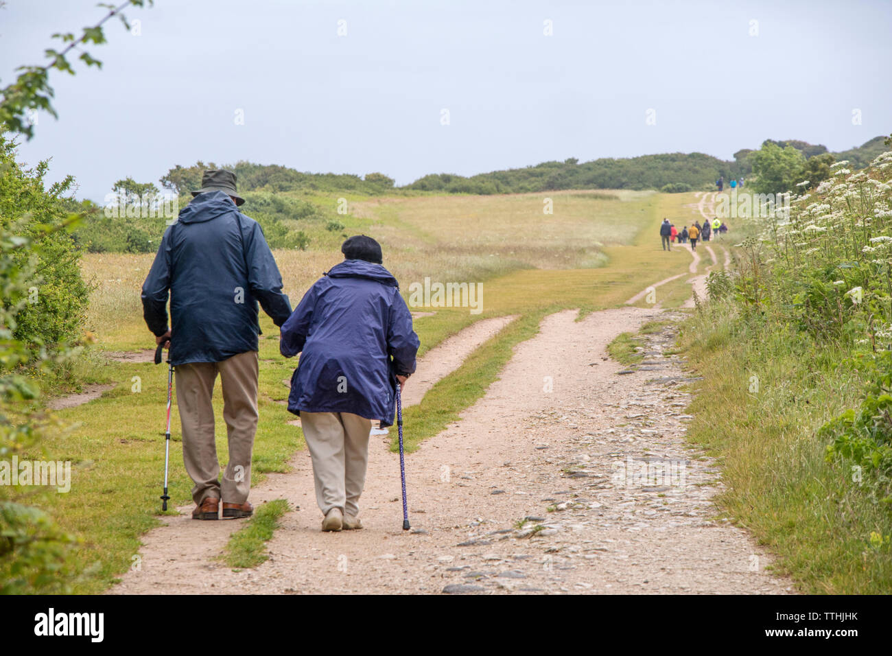Personnes âgées en train de marcher le chemin côtier du sud-ouest vers Handfast Point et Old Harry Rocks, Dorset, England, UK Banque D'Images