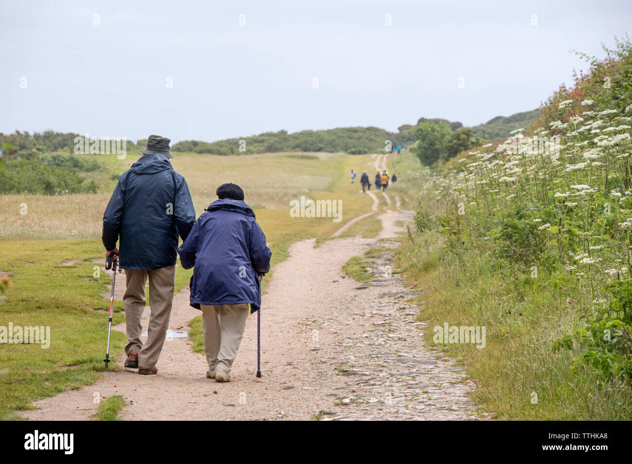 Personnes âgées en train de marcher le chemin côtier du sud-ouest vers Handfast Point et Old Harry Rocks, Dorset, England, UK Banque D'Images