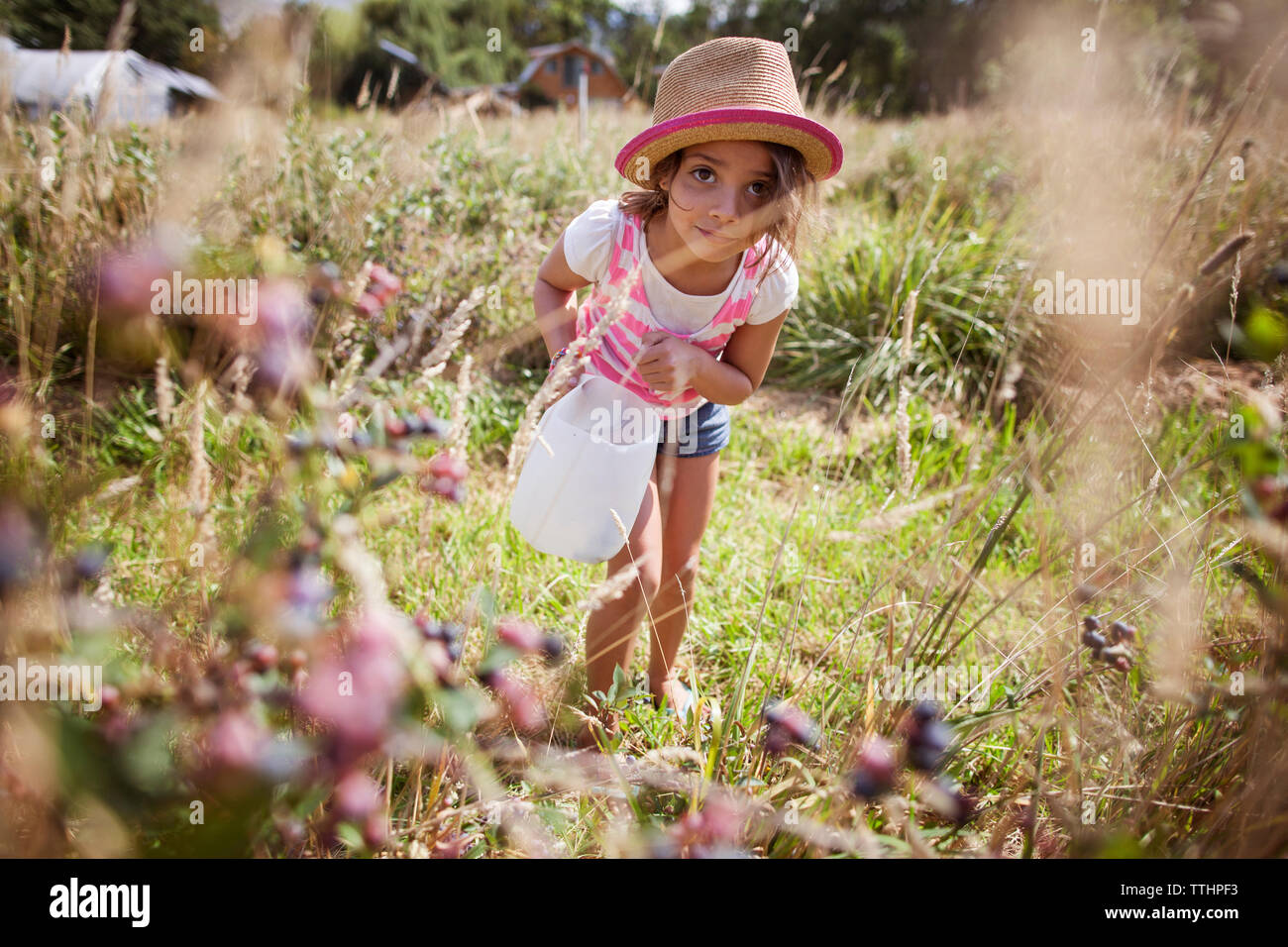 Portrait of Girl watering plants in field Banque D'Images