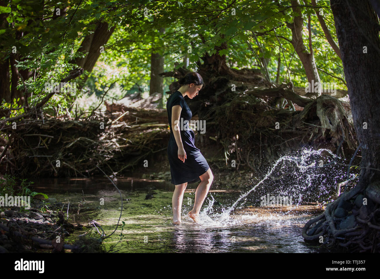 Adolescente aux projections d'eau tout en se tenant dans la forêt au cours d'eau Banque D'Images