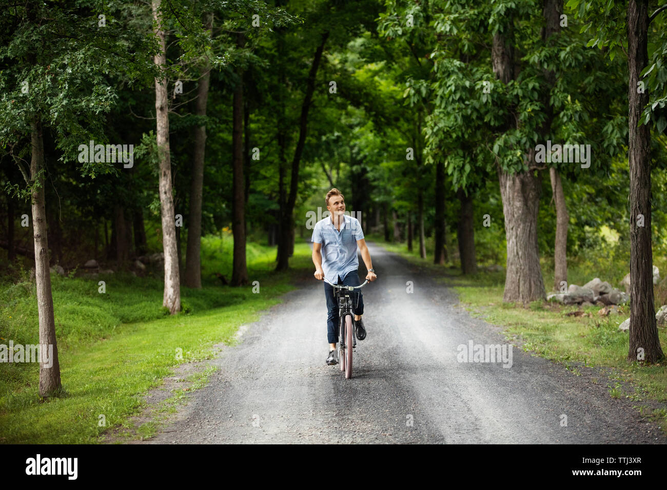 Homme heureux vélo sur route en forêt Banque D'Images