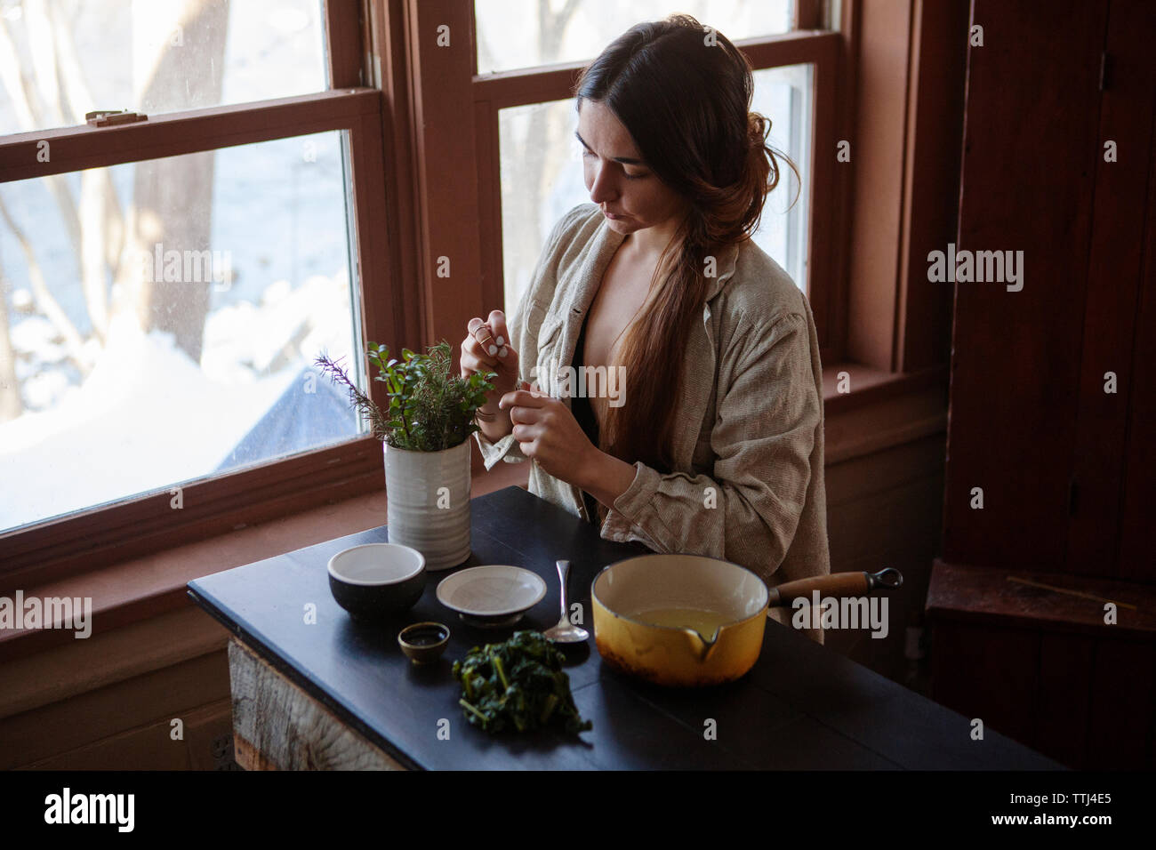 High angle view of Woman picking part de plante pour rendre les médicaments à la maison Banque D'Images