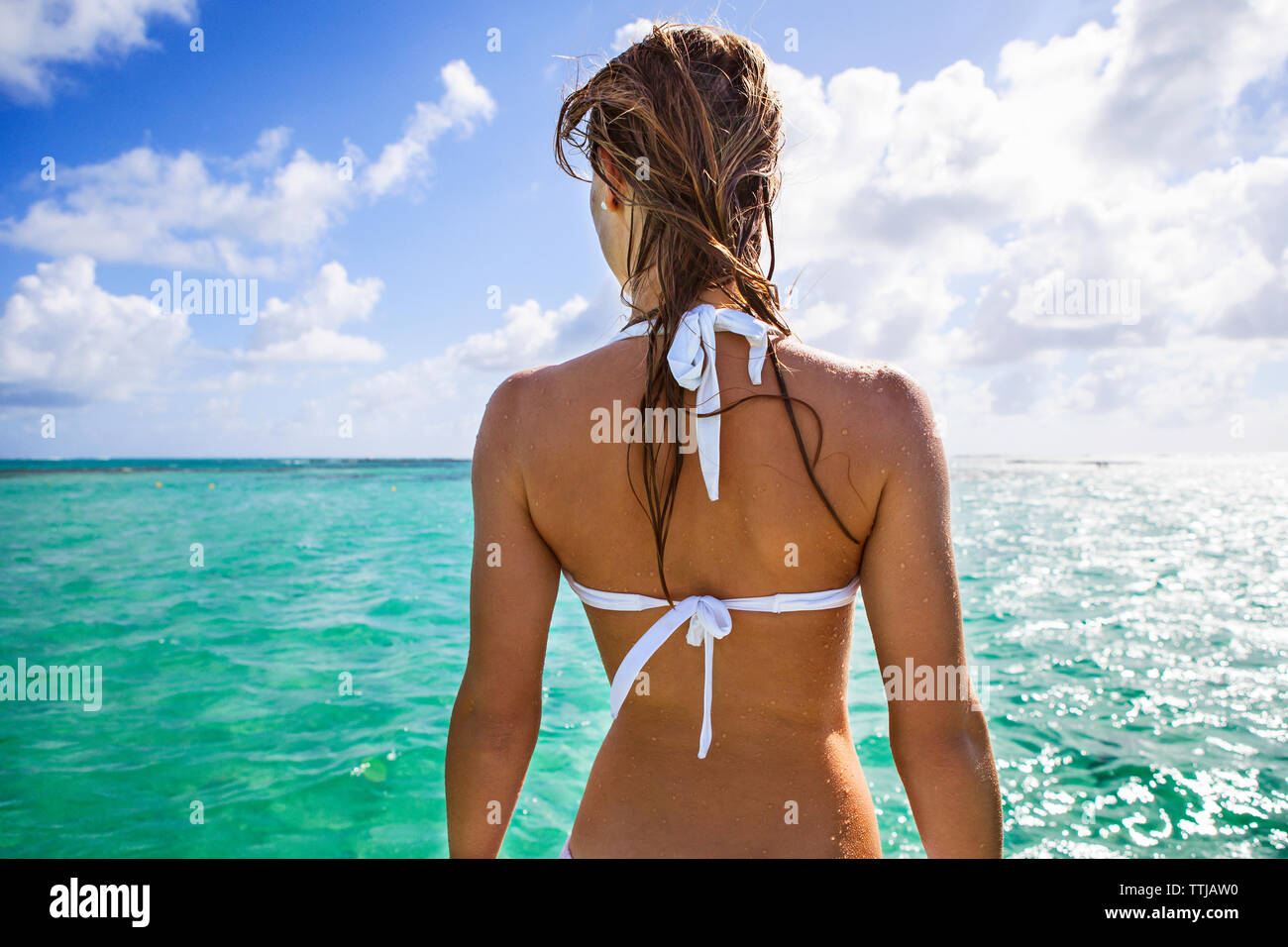 Rear view of woman standing in mer contre ciel nuageux Banque D'Images