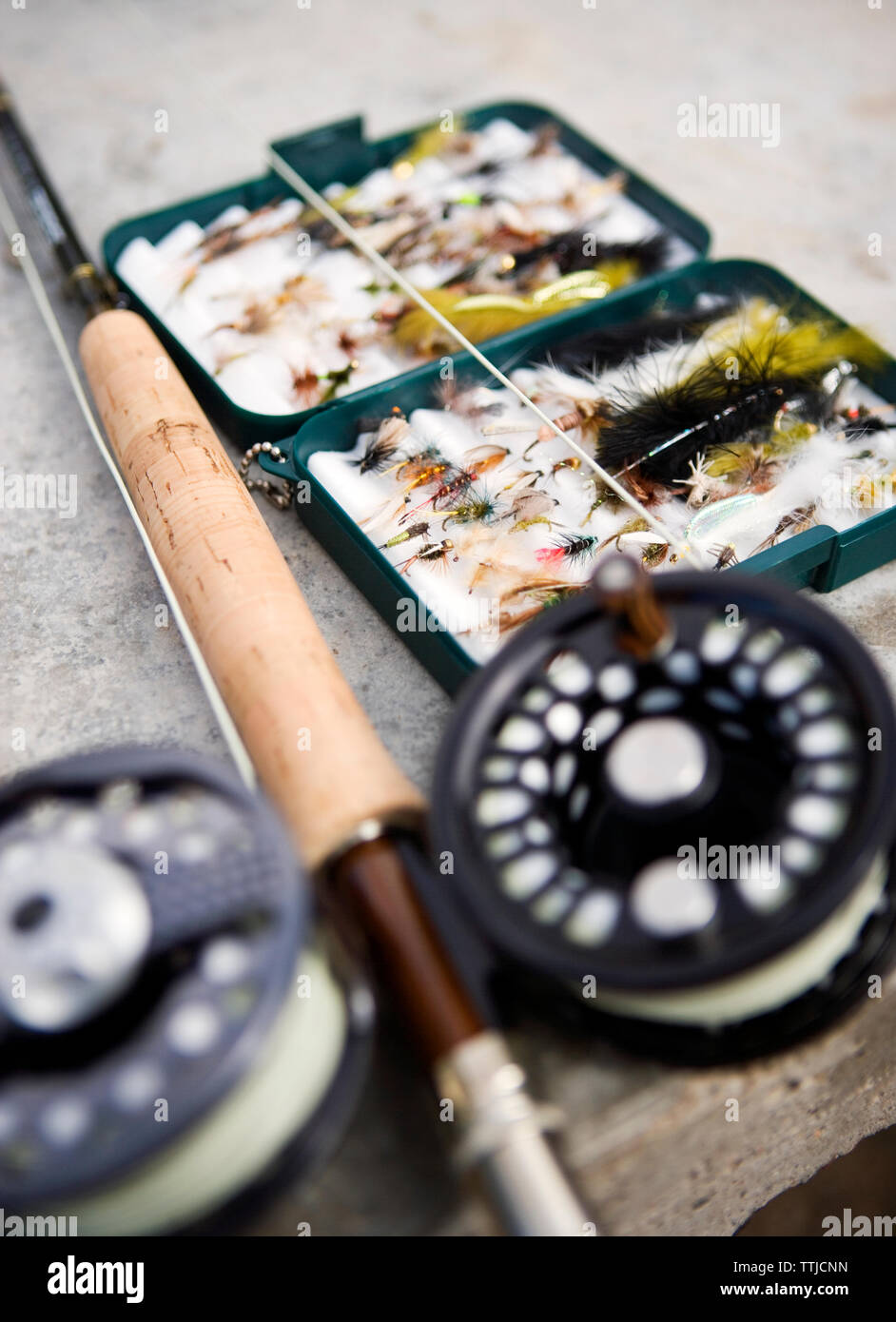 Portrait d'équipement de pêche sur la table Banque D'Images