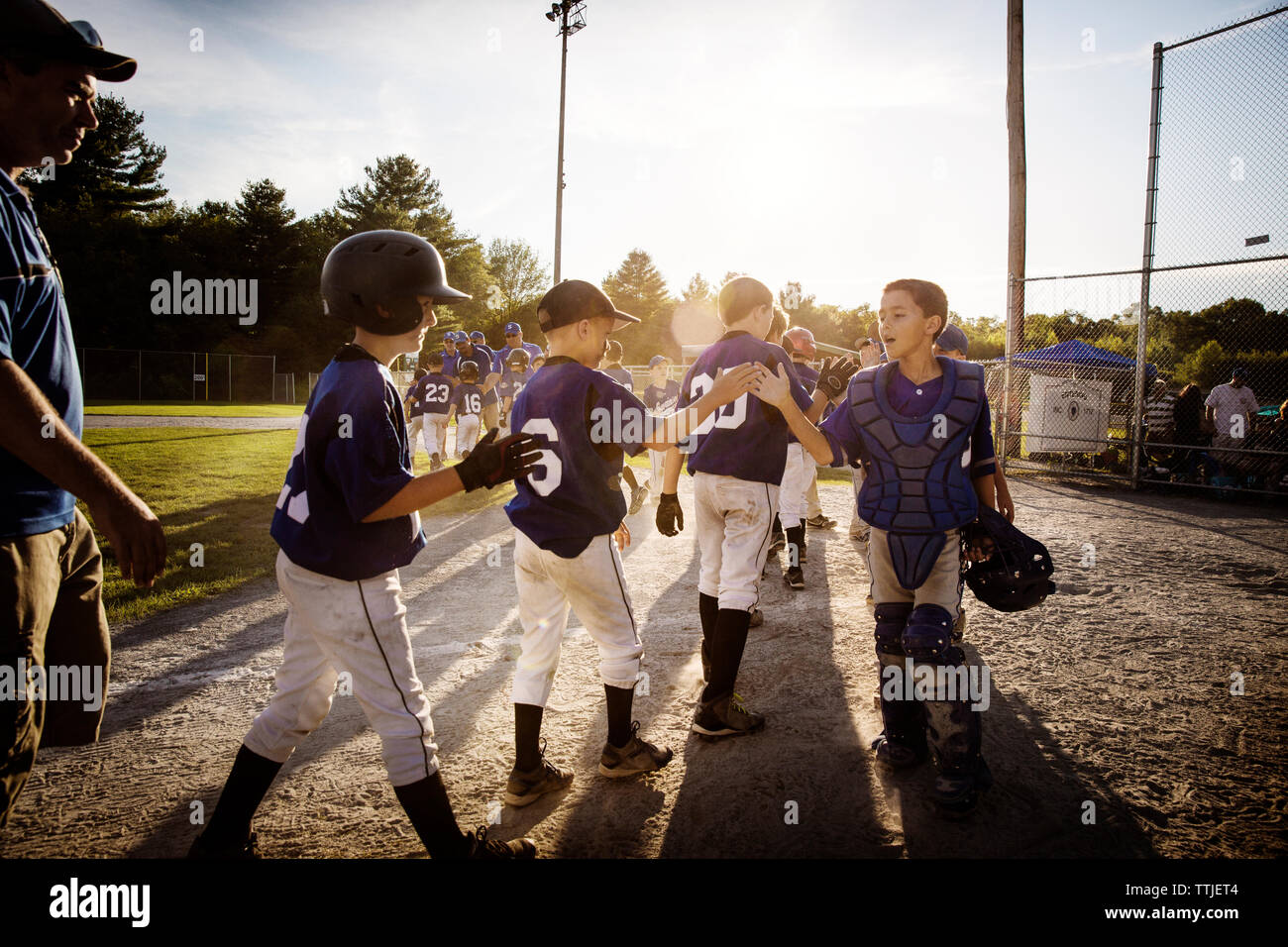 Les équipes de baseball fiving haut pendant le coucher du soleil sur le terrain Banque D'Images