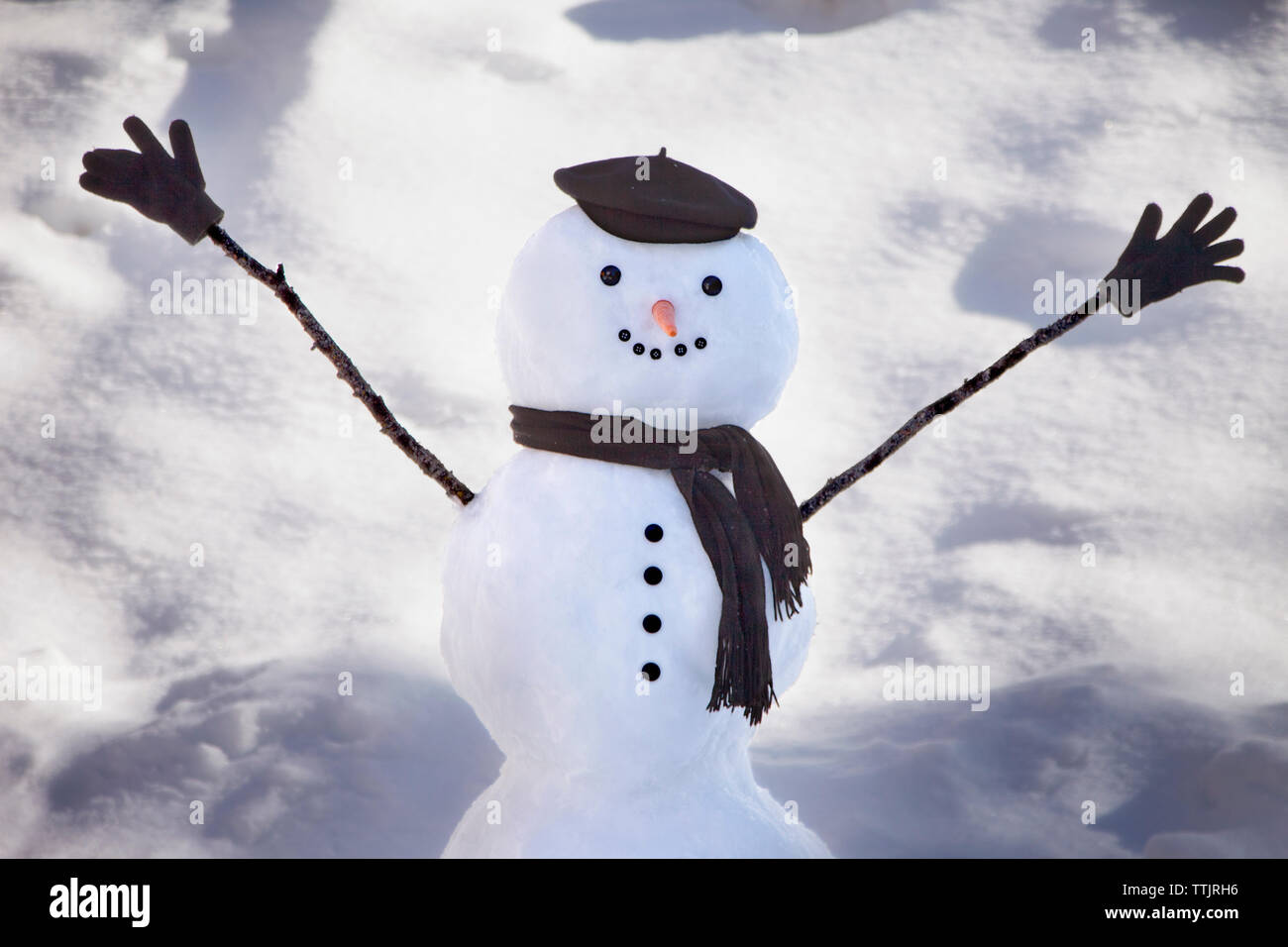 Le Snowman avec foulard et cap Banque D'Images