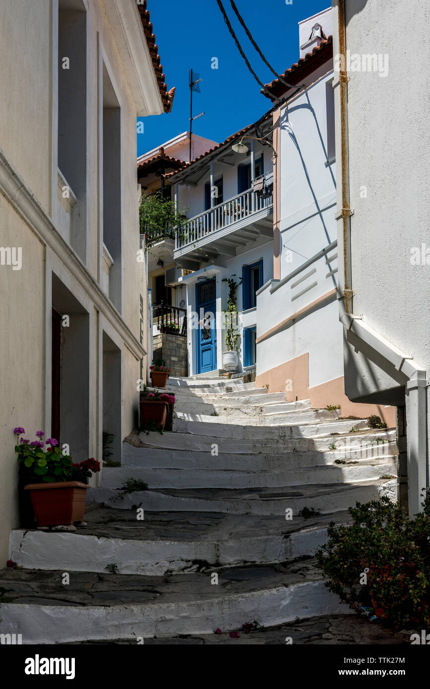 Une rue de la ville de Skopelos. Banque D'Images