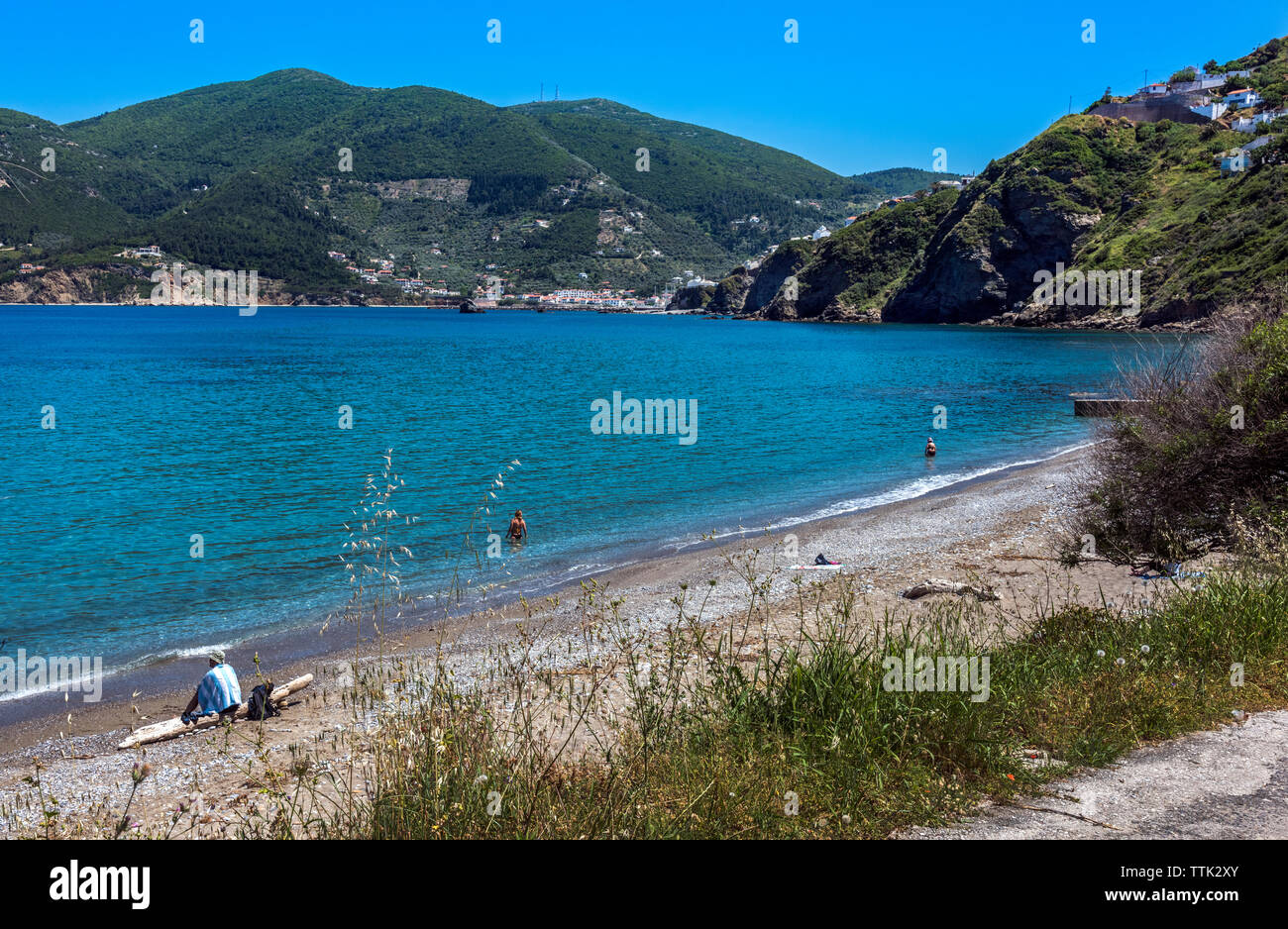 Plage d'Agios Constantinos, Skopelos, Sporades du Nord de la Grèce. Banque D'Images