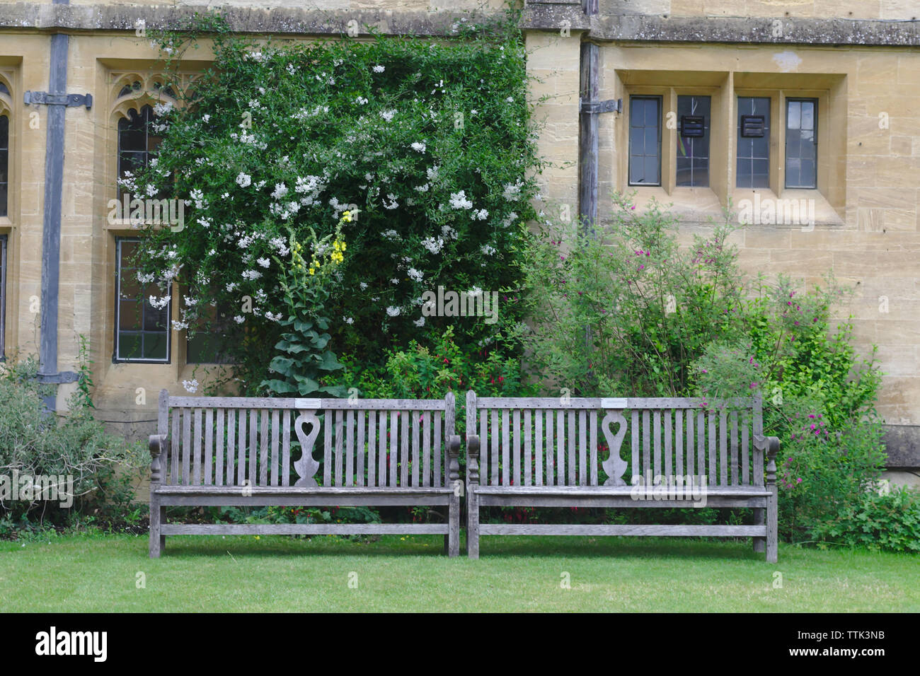 Beau vert anglais bien gardé paisible lieu de repos avec un ban Banque D'Images