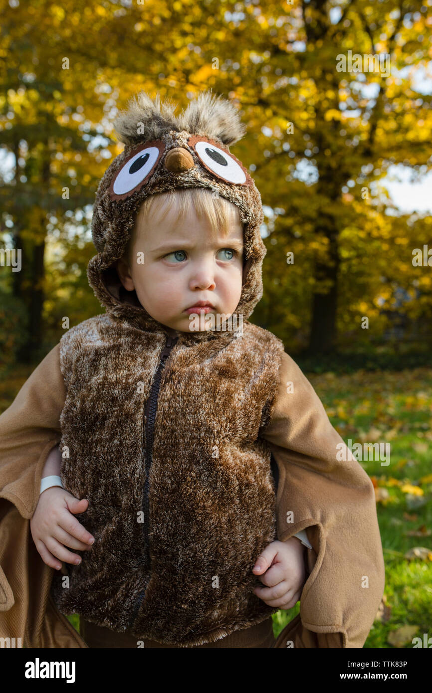 Bébé garçon habillé comme un hibou regarde sérieusement, sur le côté, à l'Halloween Banque D'Images