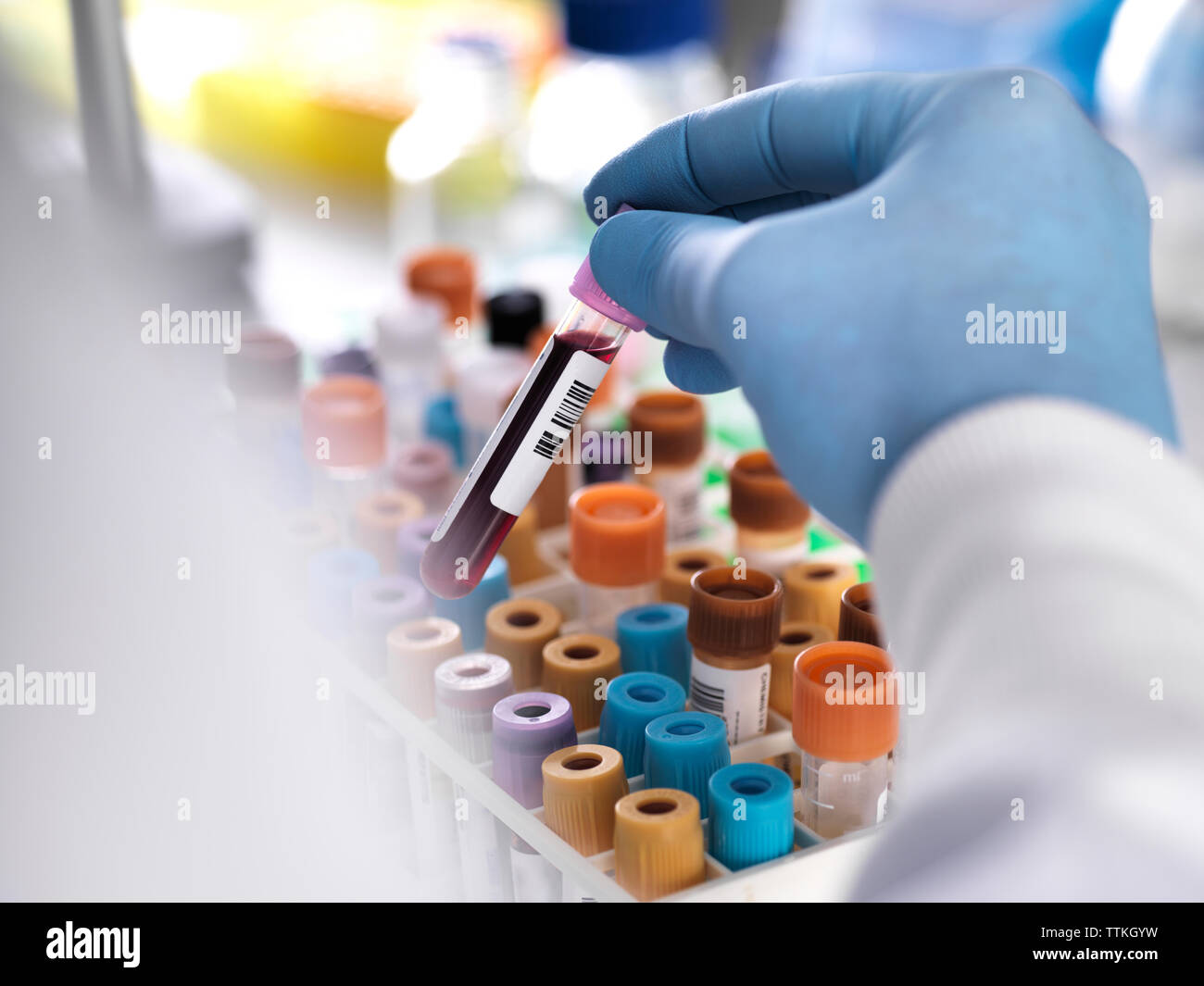 Technicien de laboratoire de la main coupée tenant échantillon de sang pour des tests médicaux Banque D'Images