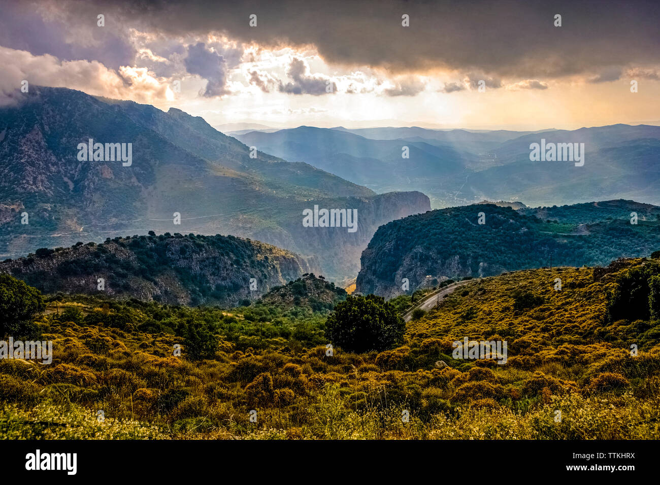 Grèce, Crete, vue panoramique depuis le plateau de Lassithi. Banque D'Images