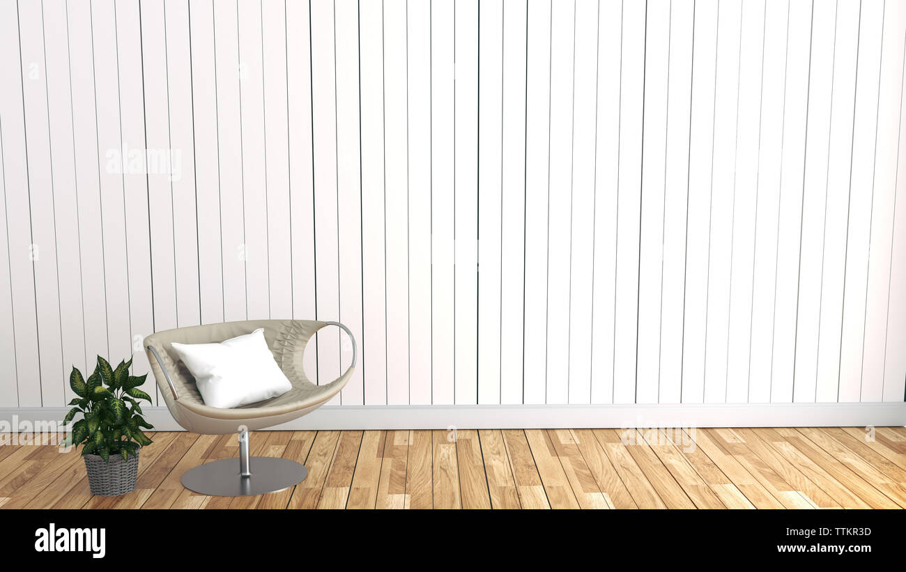 Président d'oreiller et les plantes avec mur en bois blanc,3d rendering Banque D'Images