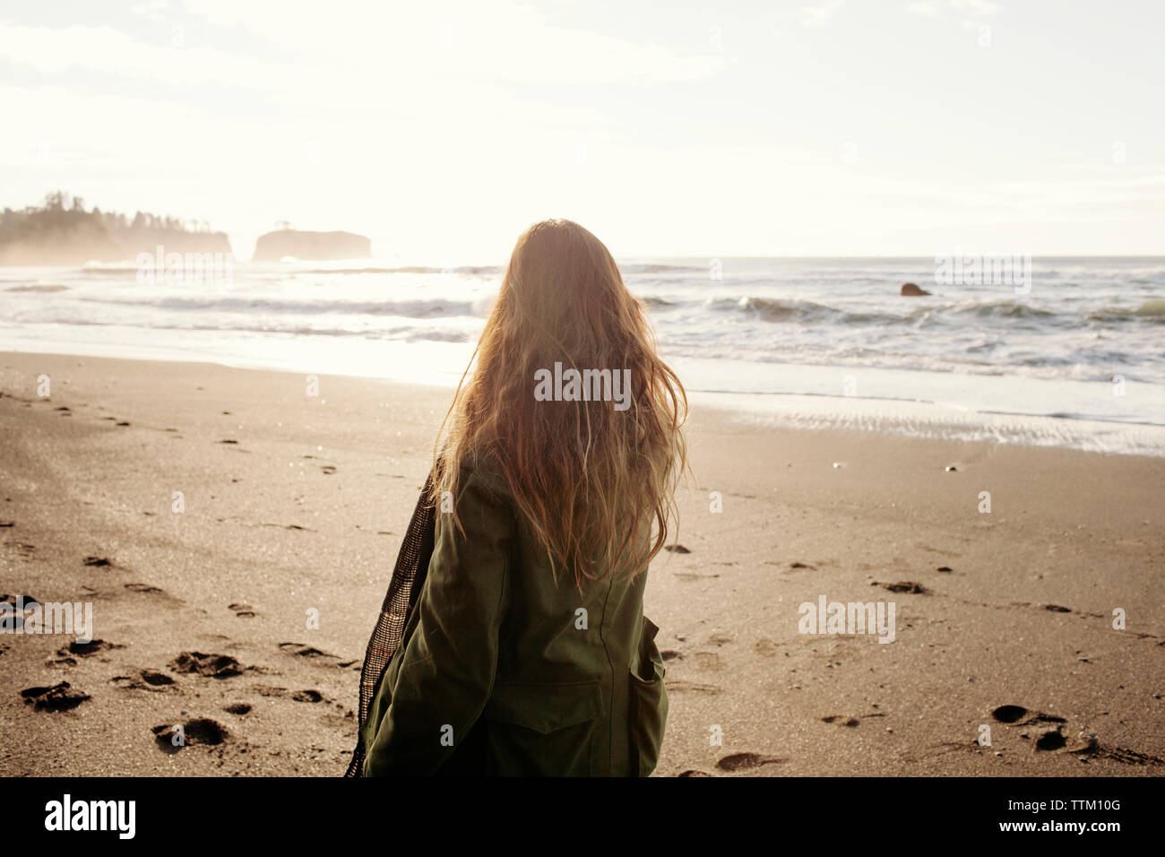 Rear view of woman standing on beach pendant l'hiver Banque D'Images