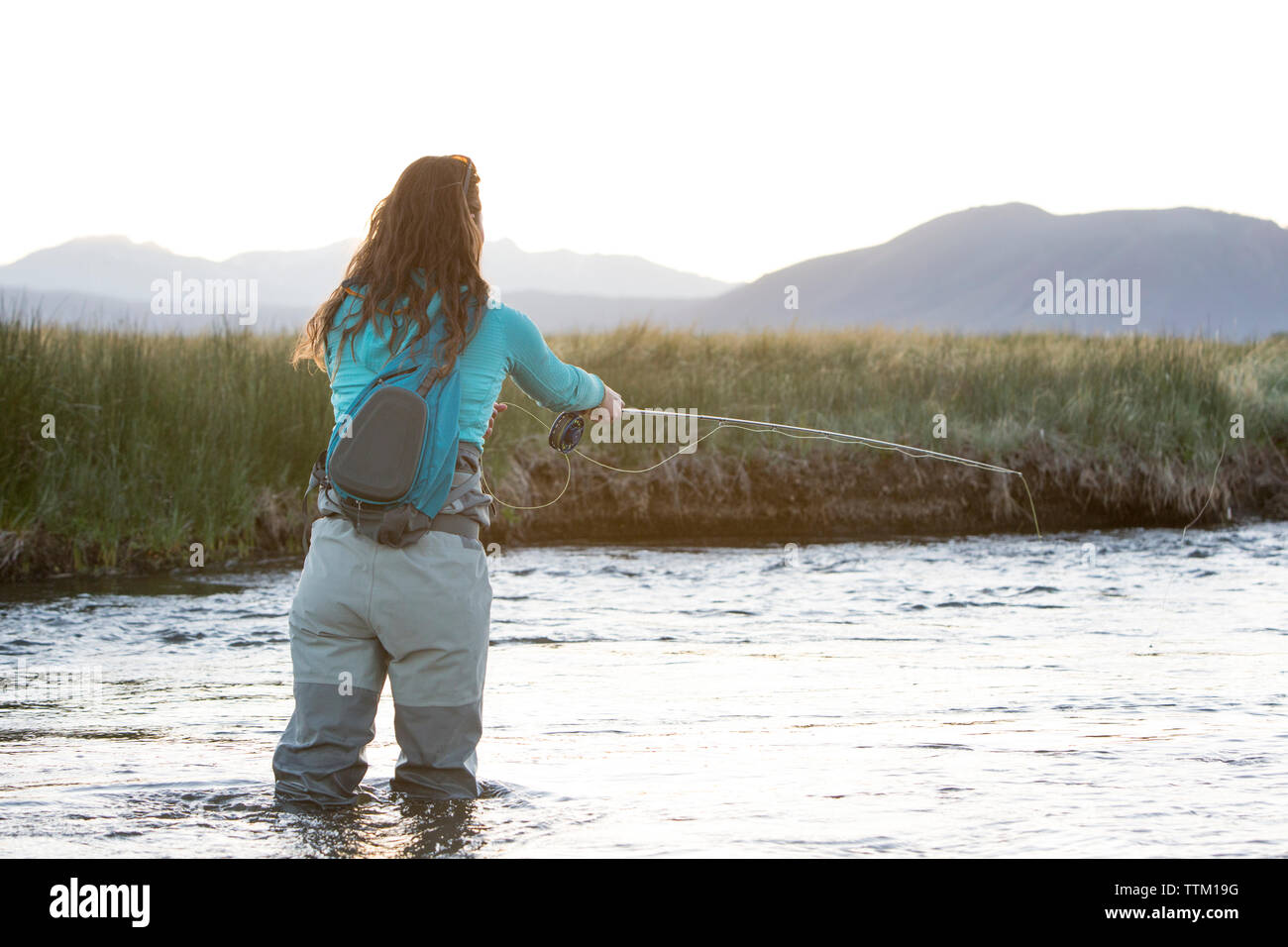 Vue arrière du jeune femme la voler-pêche en rivière Owens contre montagne Banque D'Images