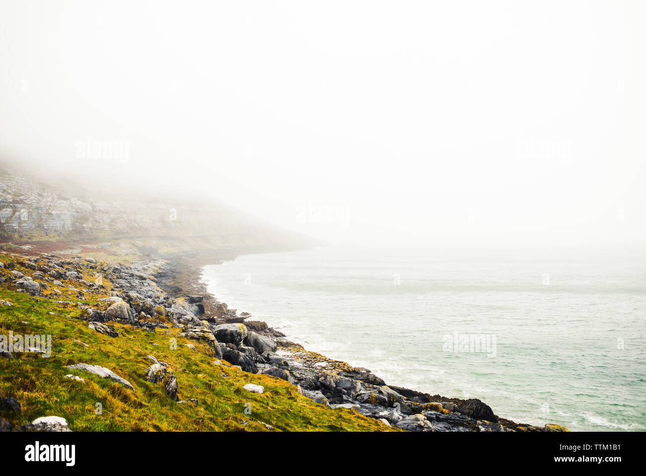 Vue panoramique de la plage de rochers contre ciel lors de temps de brouillard Banque D'Images