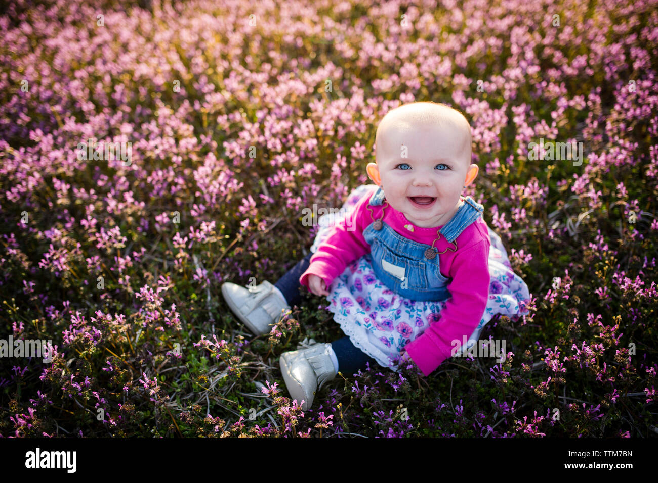 High angle portrait of happy baby girl sitting on field Banque D'Images