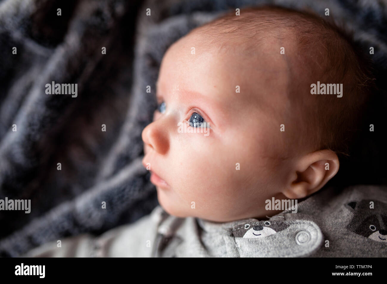 Close-up of cute baby boy looking loin à la maison Banque D'Images