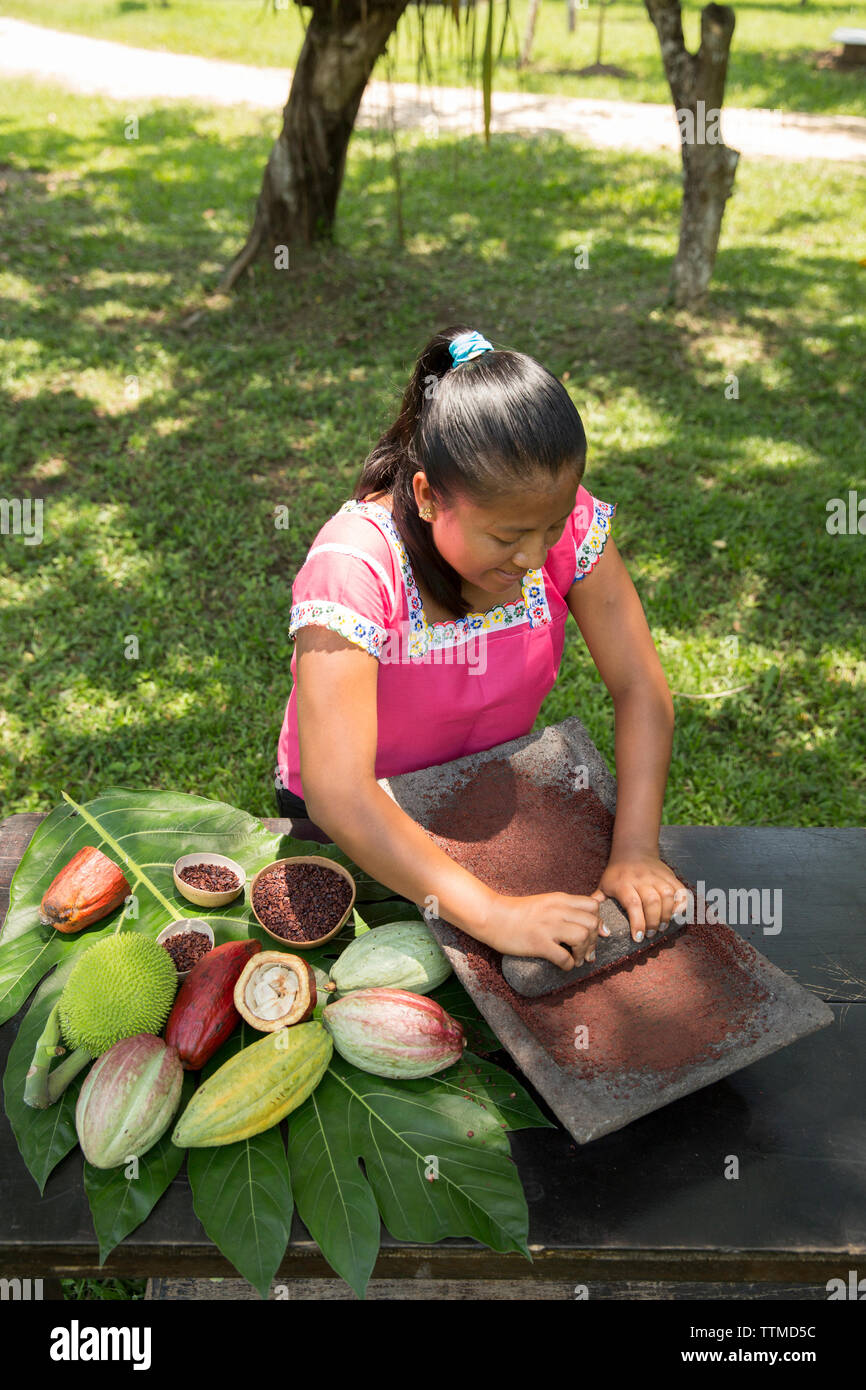 BELIZE, Punta Gorda, Toledo, vous pourrez participer à un Bean pour Bar Chocolat classe où ils vont participer à l'ensemble du processus de transfo Banque D'Images