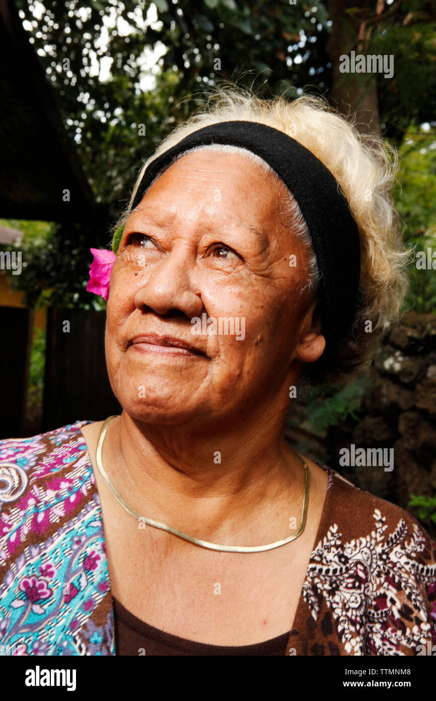 ÎLE de pâques, CHILI, Isla de Pascua, Rapa Nui, Dalia Pakarati Hotu était la cousine 1 de la mère de Natalie et de sang tahitien français Banque D'Images